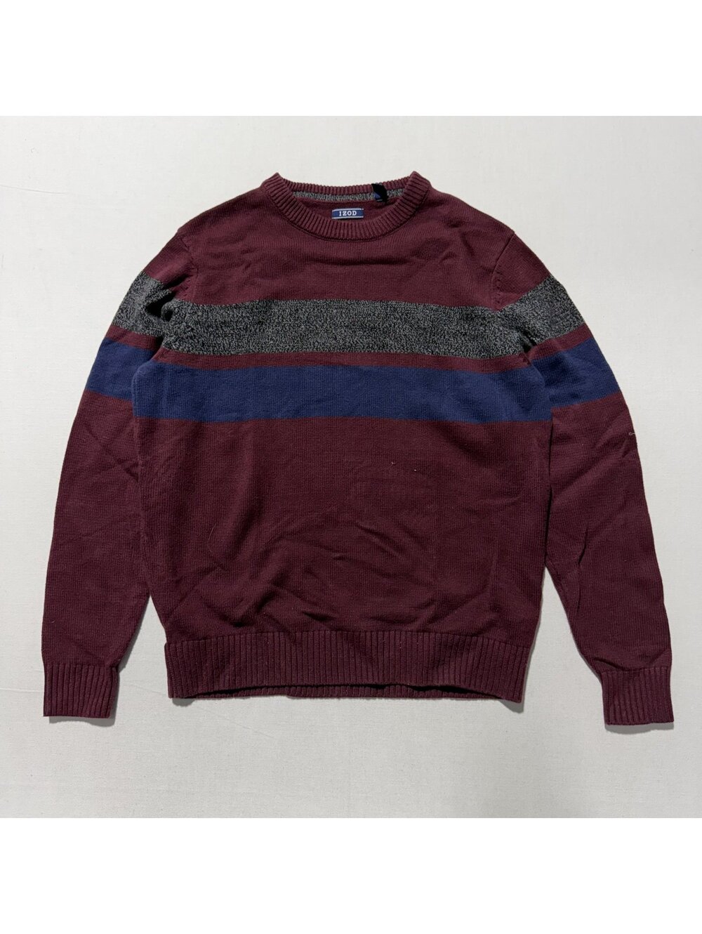 IZOD Burgundy Striped Crewneck Knit Sweater Preppy